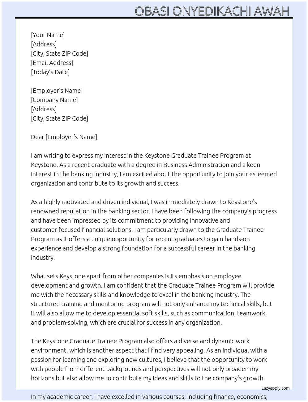 Keystone graduate Trainee program  At Keystone  Cover Letter