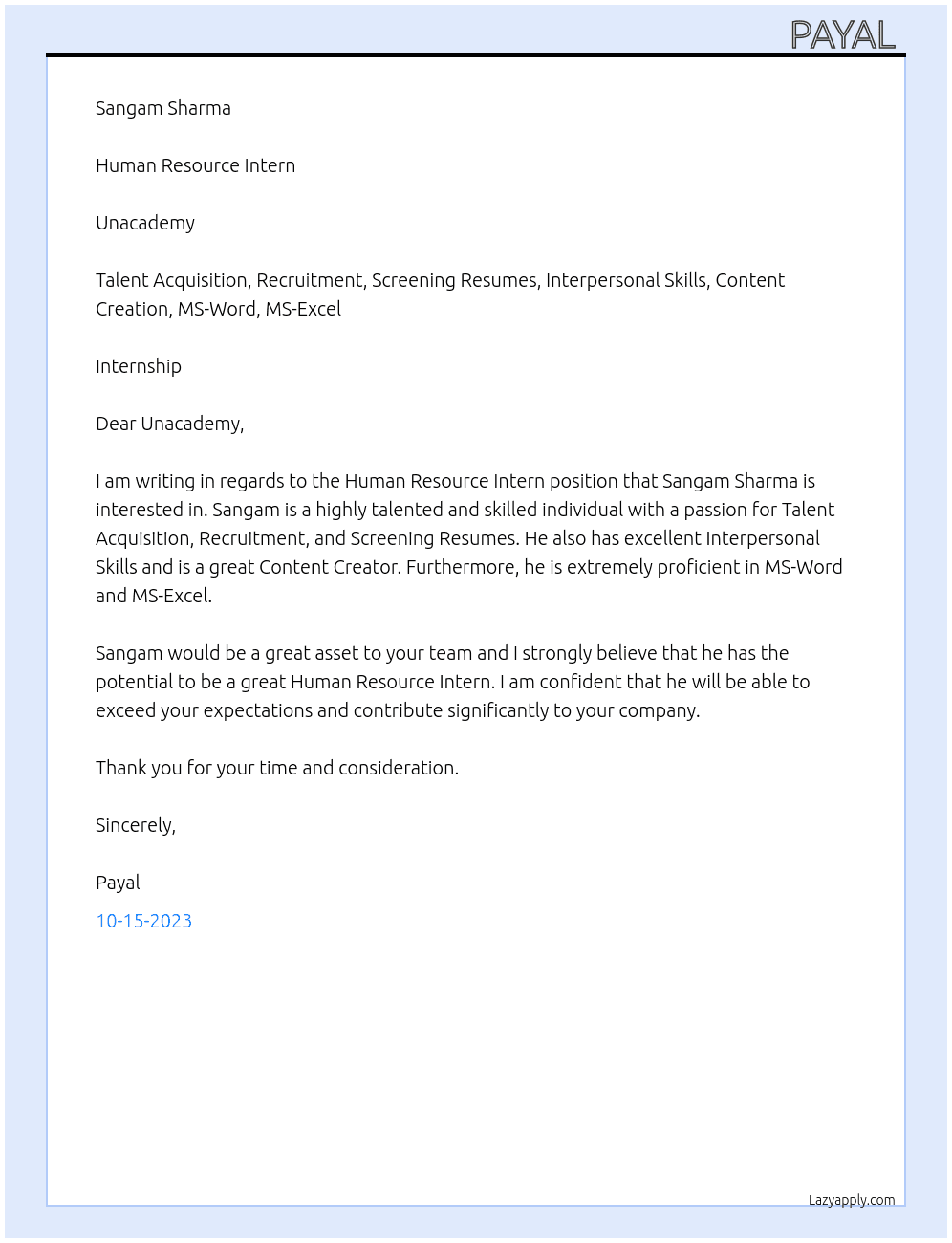 Human Resource Intern  At Unacademy Cover Letter