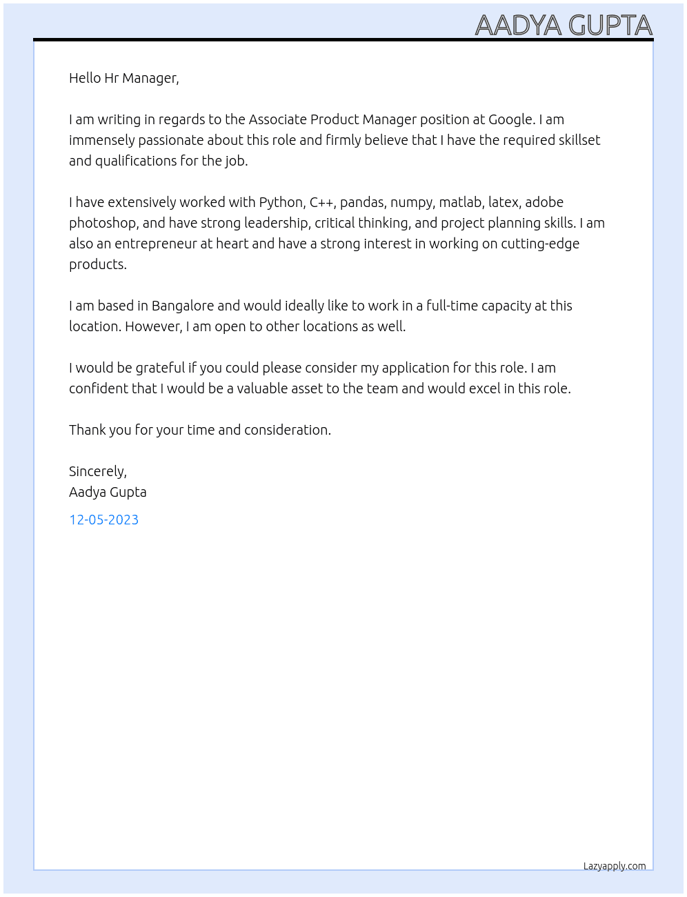 Associate Product Manager At Google Cover Letter