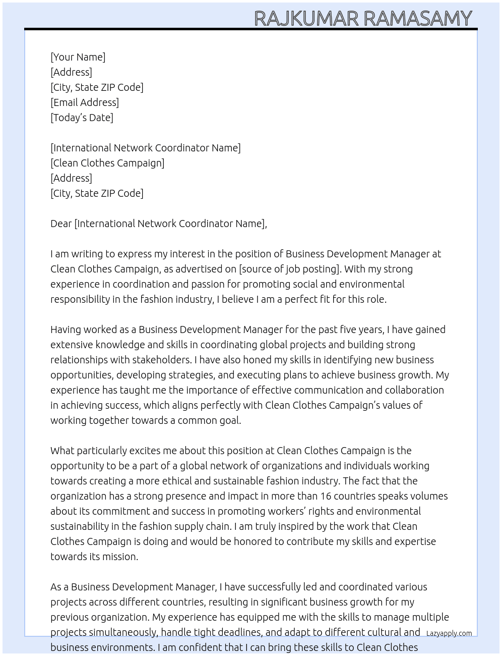 Business development manager  At Clean Clothes Campaign Cover Letter