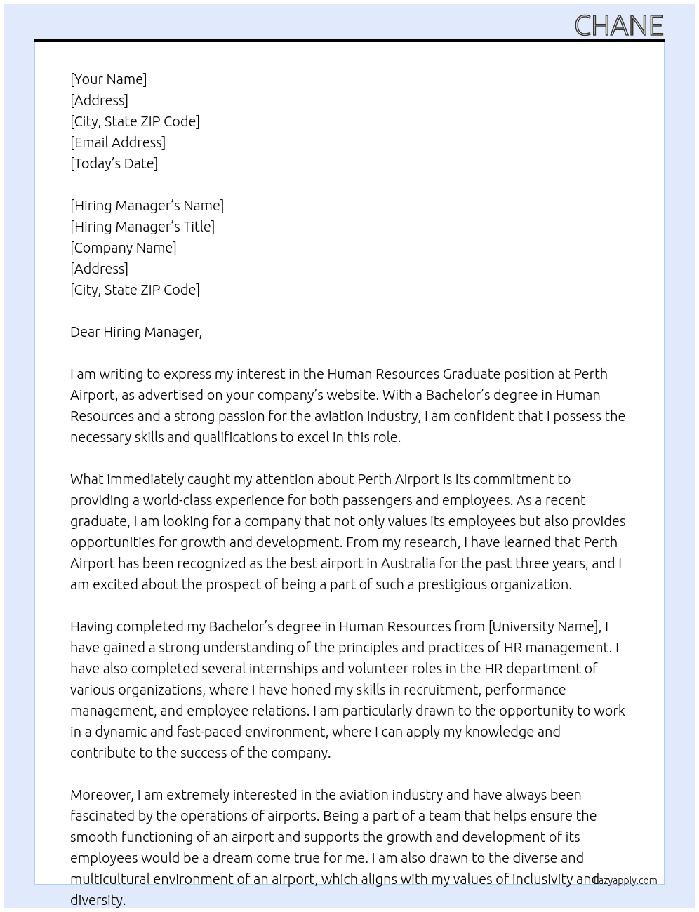 Human Resources Graduate At Perth Airport Cover Letter