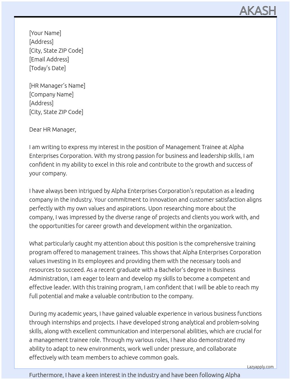 management tarinee At ALPHA ENTERPRISES CORPORATION Cover Letter
