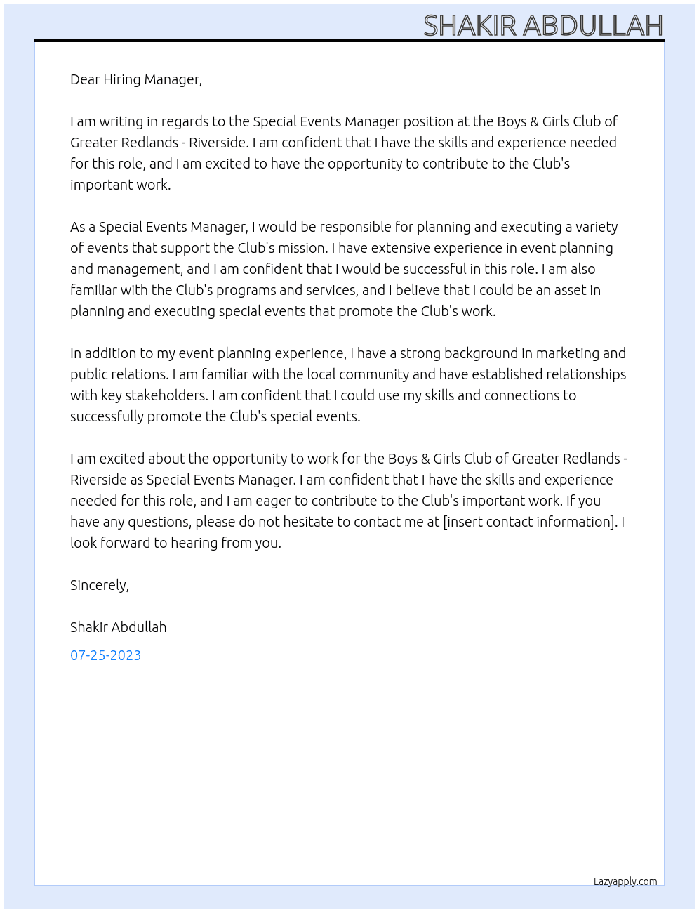 Special Events Manager At Boys & Girls Club of Greater Redlands - Riverside - Cover Letter