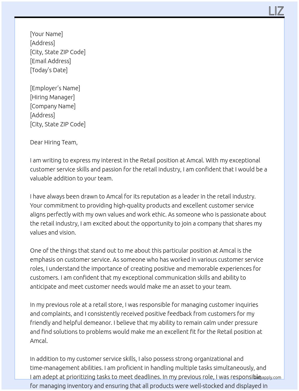 retail At amcal Cover Letter