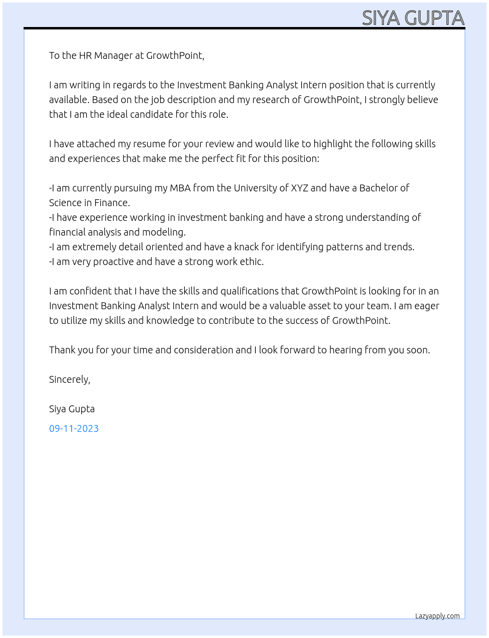  Investment Banking Analyst Intern At GrowthPoint Cover Letter