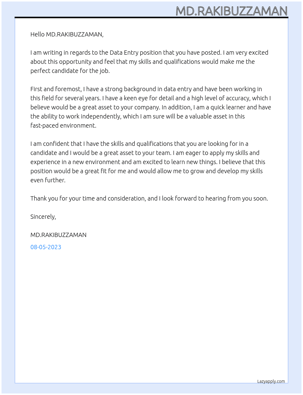 Data Entry At MD.RAKIBUZZAMAN Cover Letter