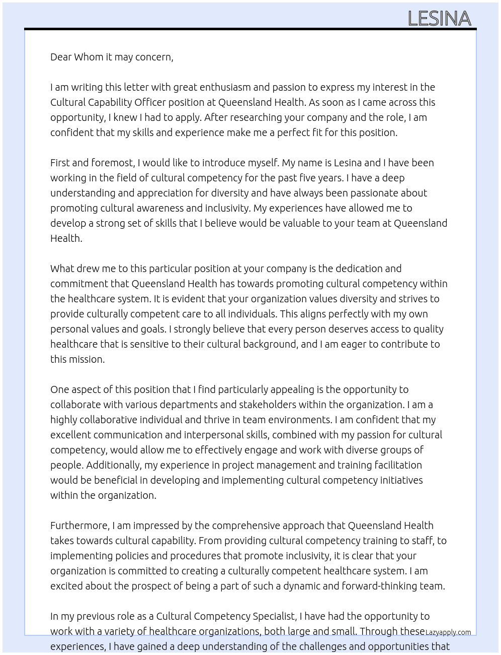 Cultural capability officer  At Queensland health  Cover Letter