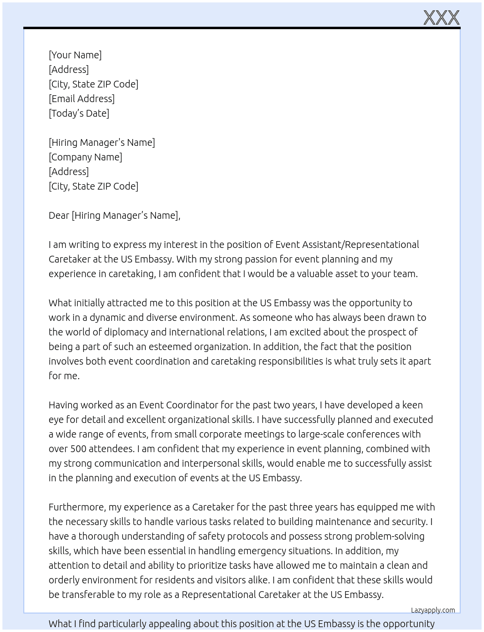  Event Assistant/RepresenJob title: Event Assistant/Representational Caretakertational Caretaker At us rmbassy Cover Letter
