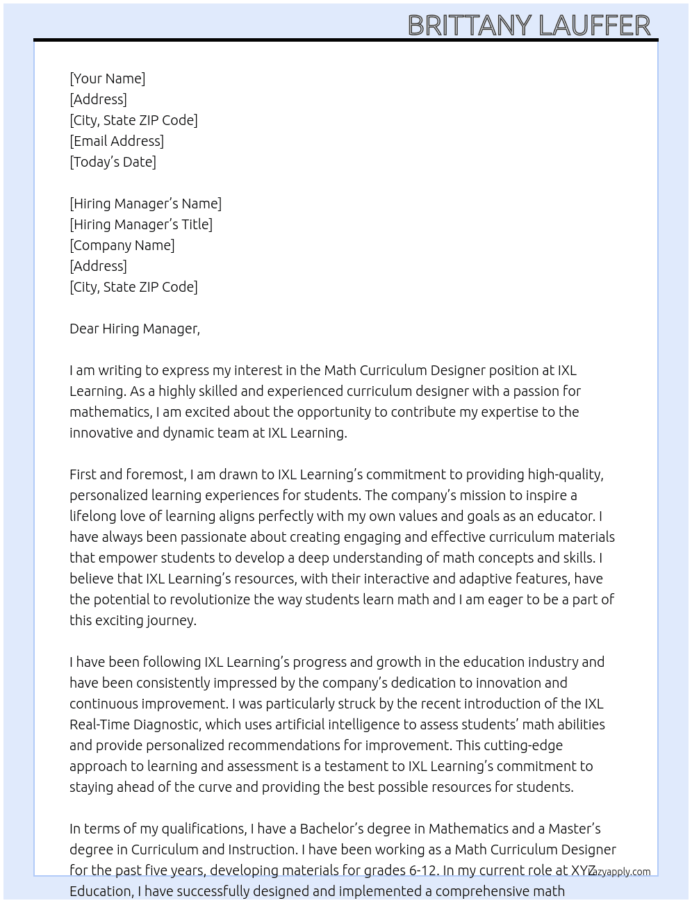 Math Curriculum Designer  At IXL Learning  Cover Letter