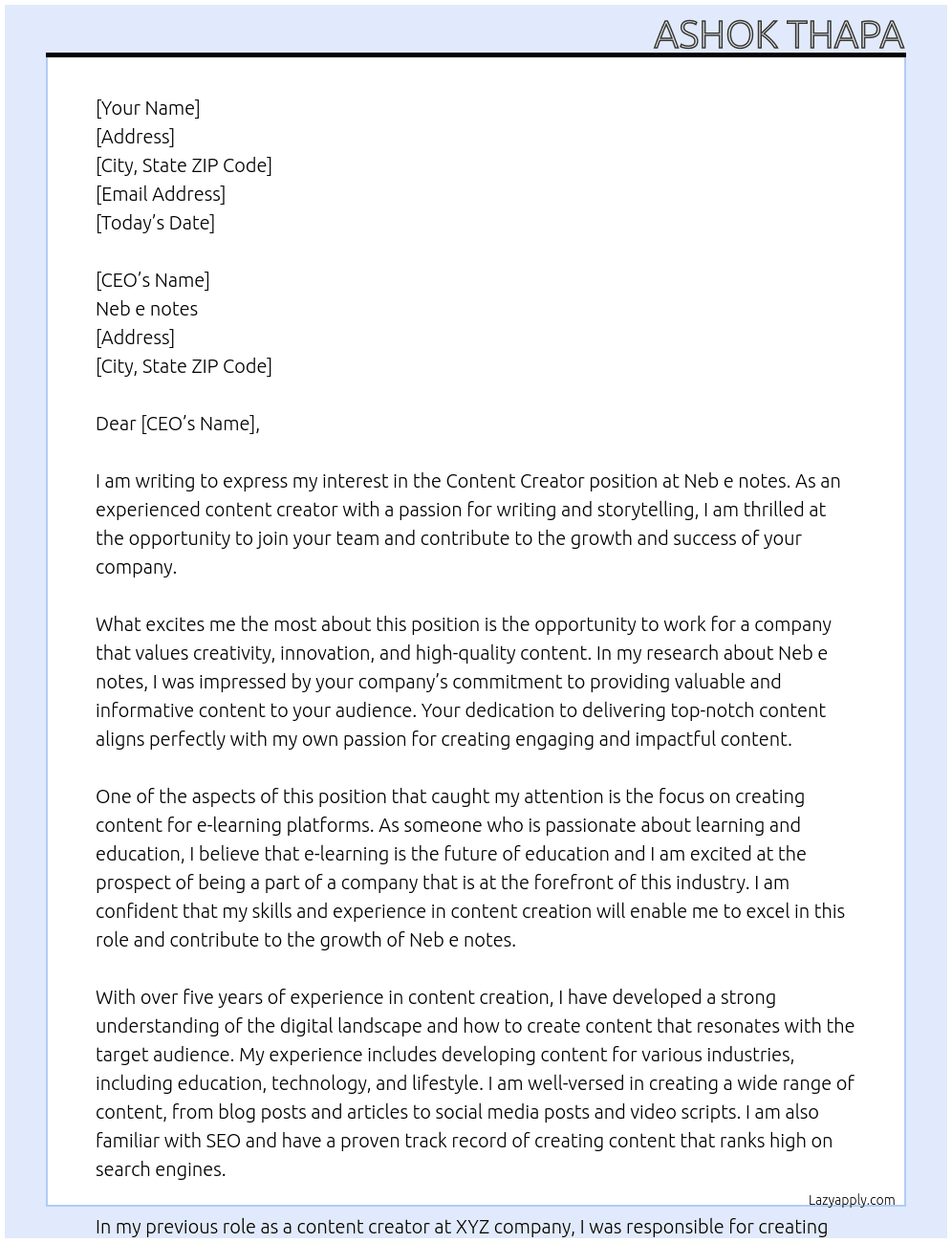 Content creator  At Neb e notes Cover Letter