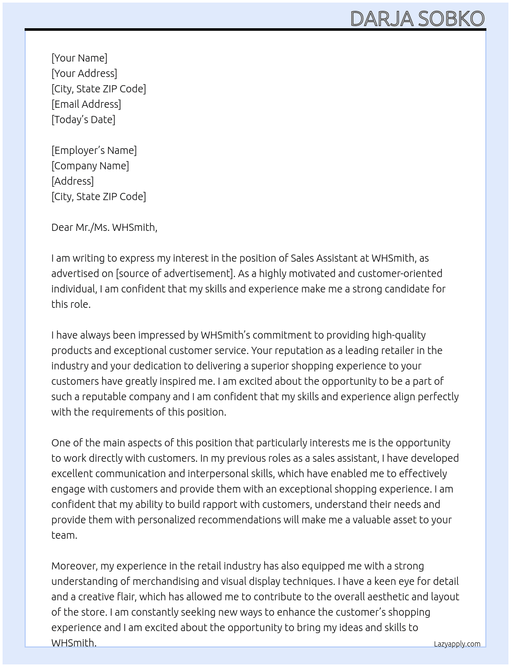 Sales Assistant At WHSmith Cover Letter