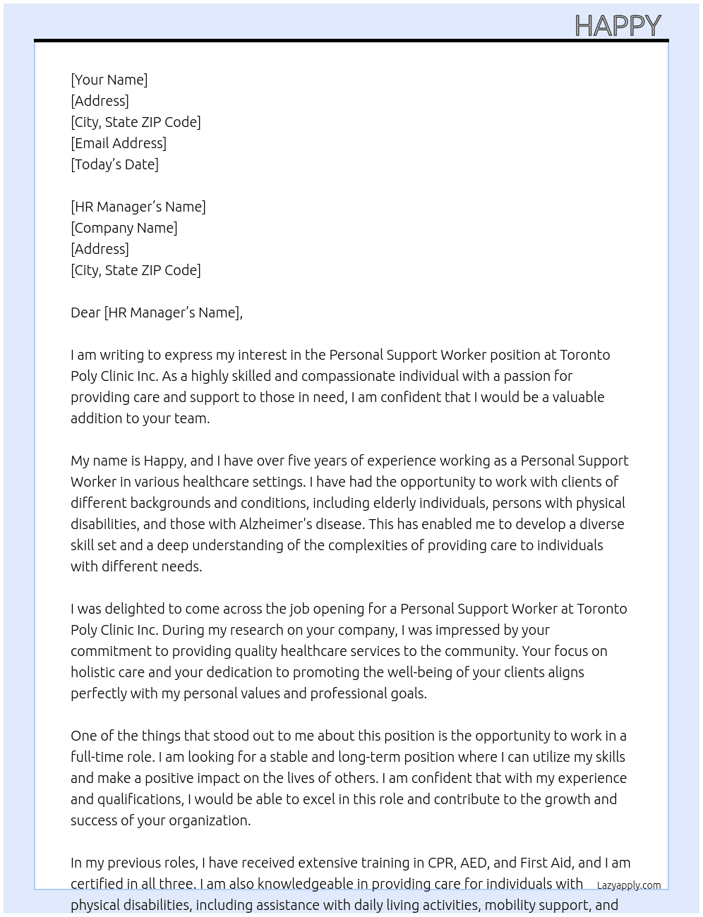 Personal support worker  At Toronto Poly Clinic Inc  Cover Letter