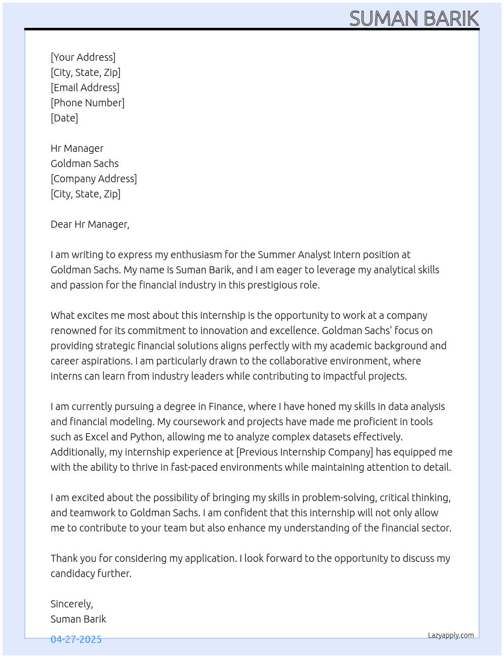 Cover letter for summer analyst intern - LazyApply