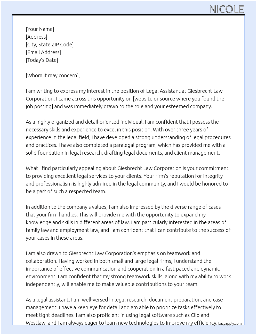 Legal assisant At Giesbrecht Law Corporation Cover Letter