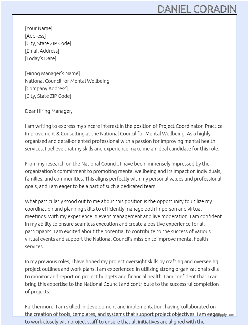 Project Coordinator, Practice Improvement & Consulting At National Council for Mental Wellbeing Cover Letter