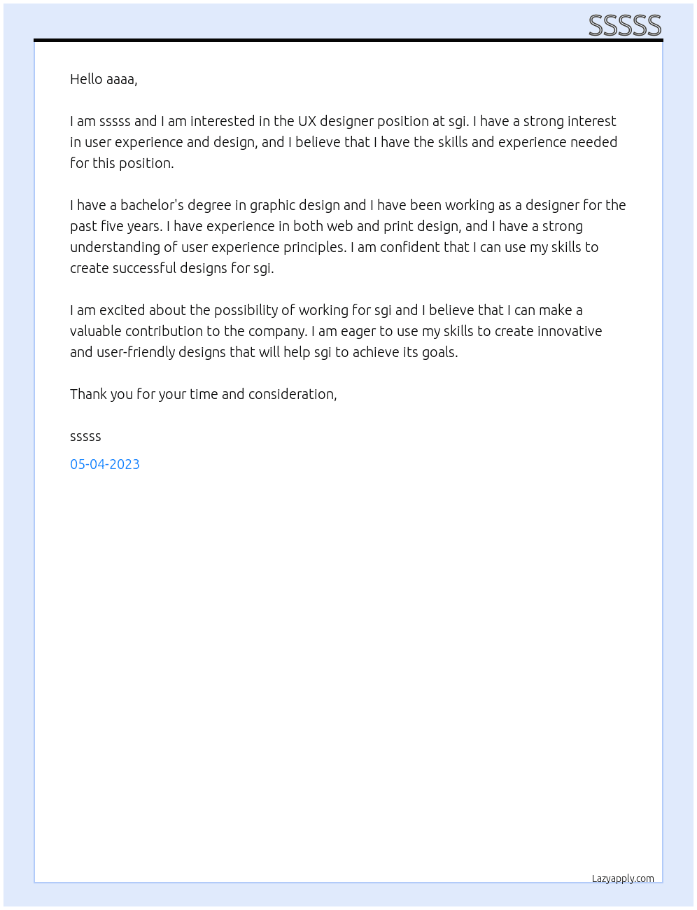 ux designer At sgi Cover Letter
