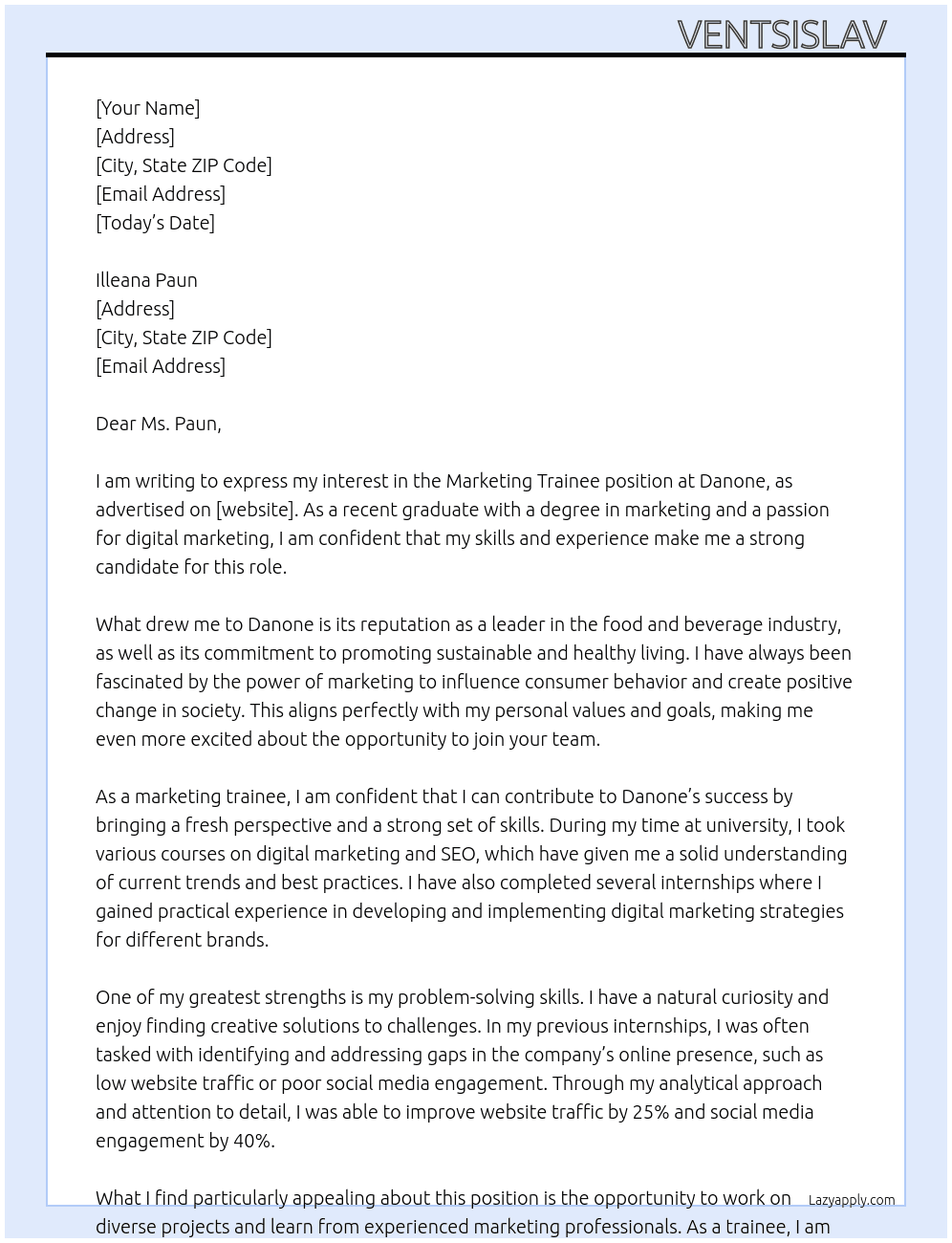 Marketing Trainee  At Danone Cover Letter