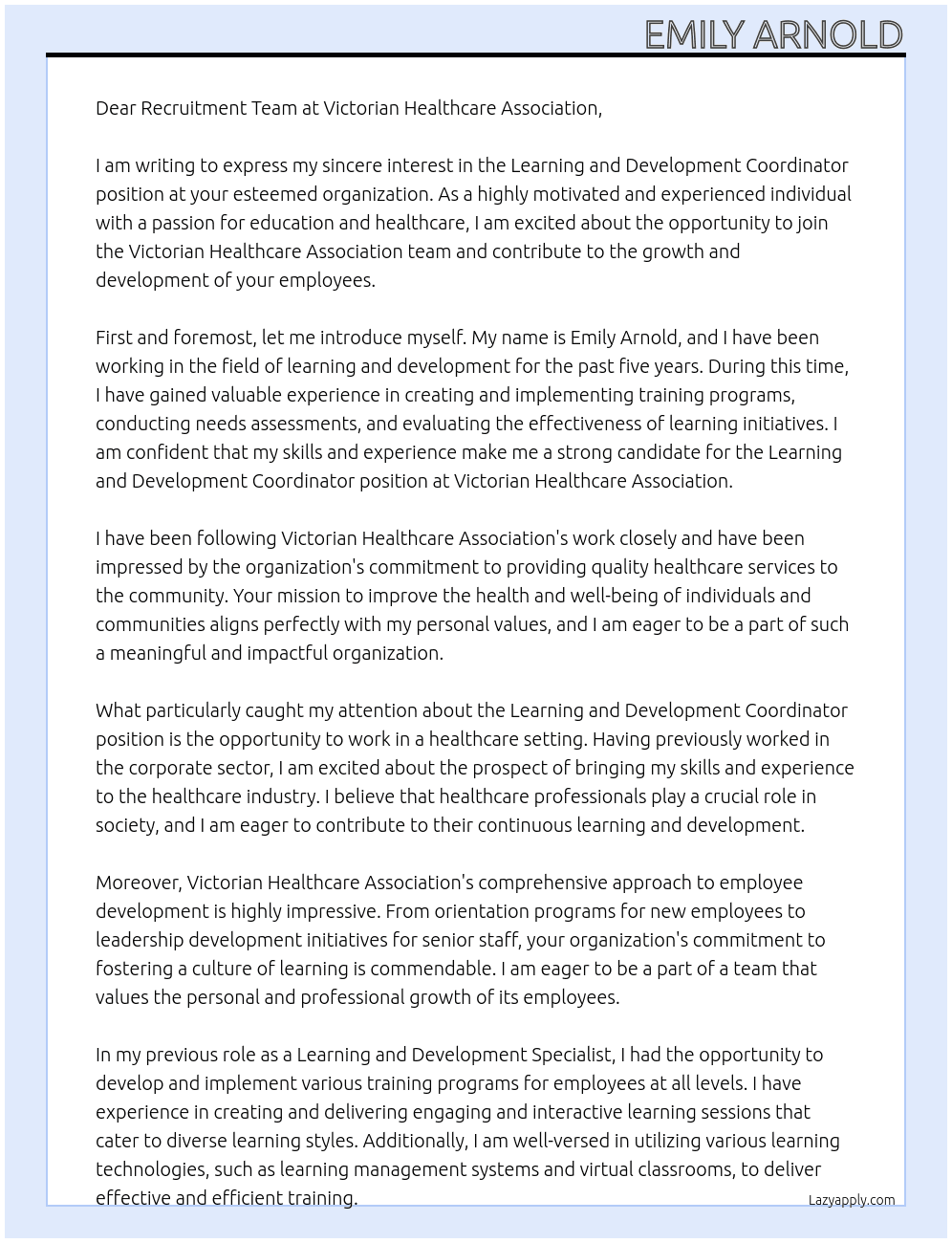 Learning and Development coordinator At Victorian Healthcare Association Cover Letter