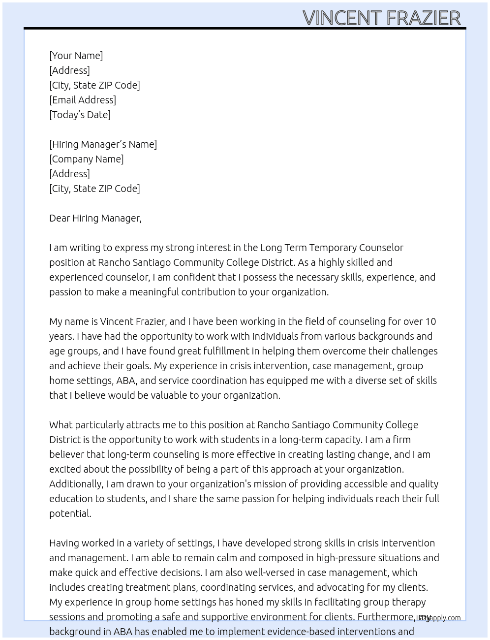 Long Term Temporary Counselor At Rancho Santiago Community College District  Cover Letter