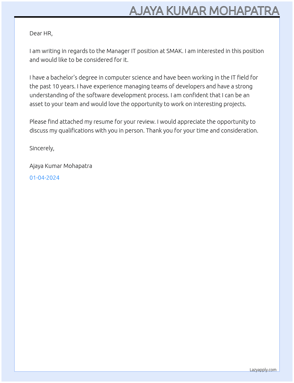 Manager IT  At SMAK Cover Letter
