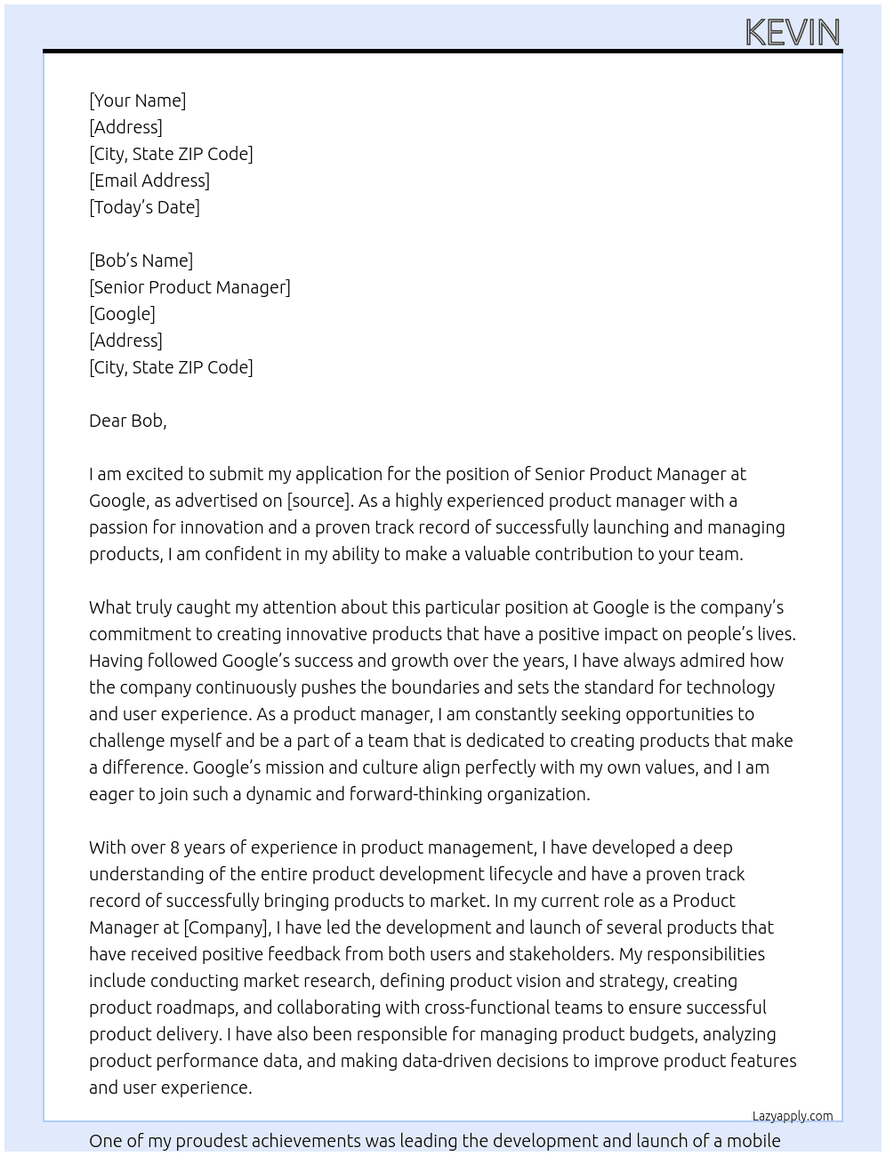 Senior Product Manager At Google Cover Letter