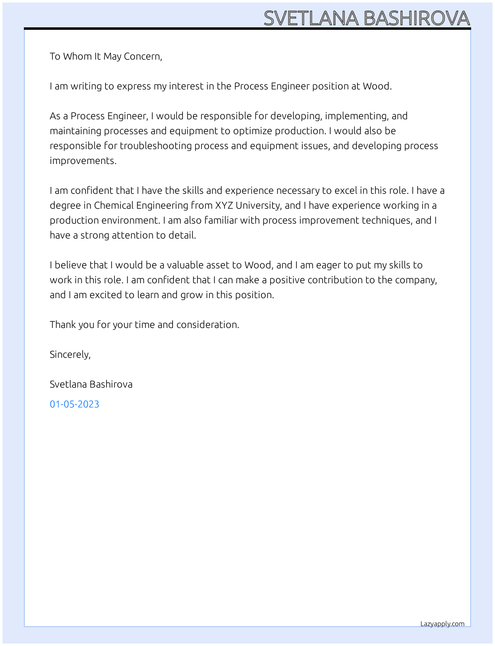 Process Engineer At Wood Cover Letter