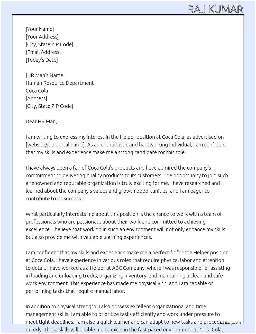 Helper At Coca cola Cover Letter