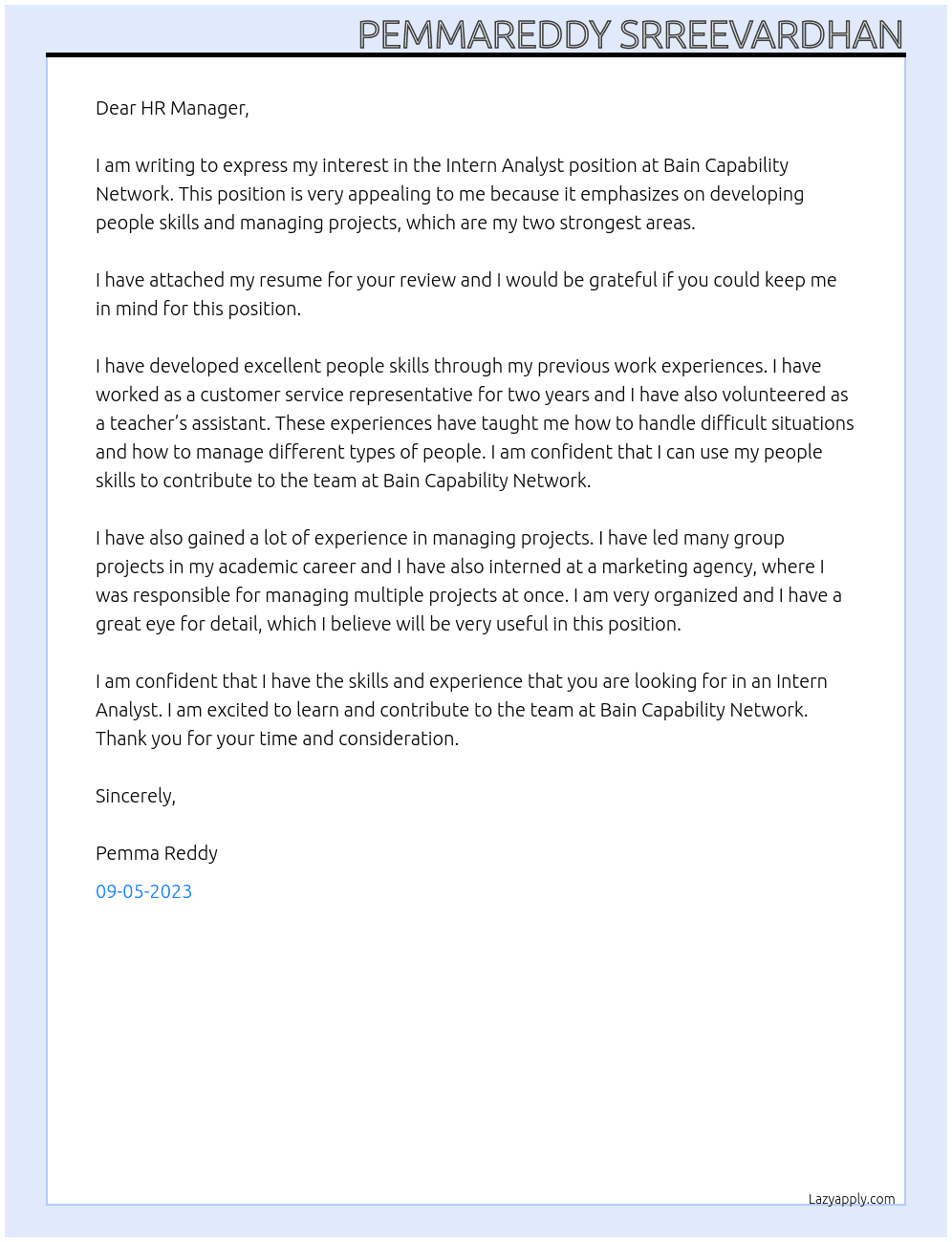 Intern Analyst At Bain Capability Network Cover Letter