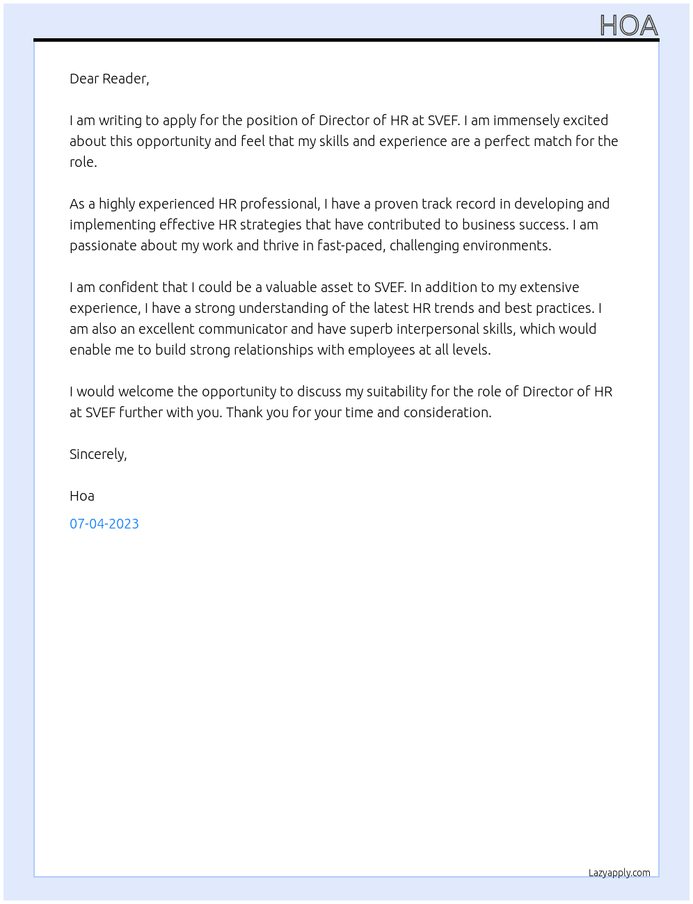 Director of HR At SVEF Cover Letter