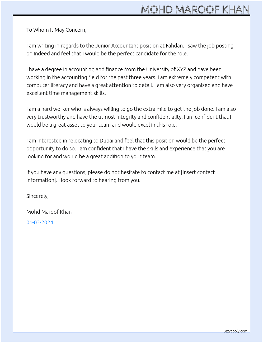 Junior accountant At Fahdan Cover Letter