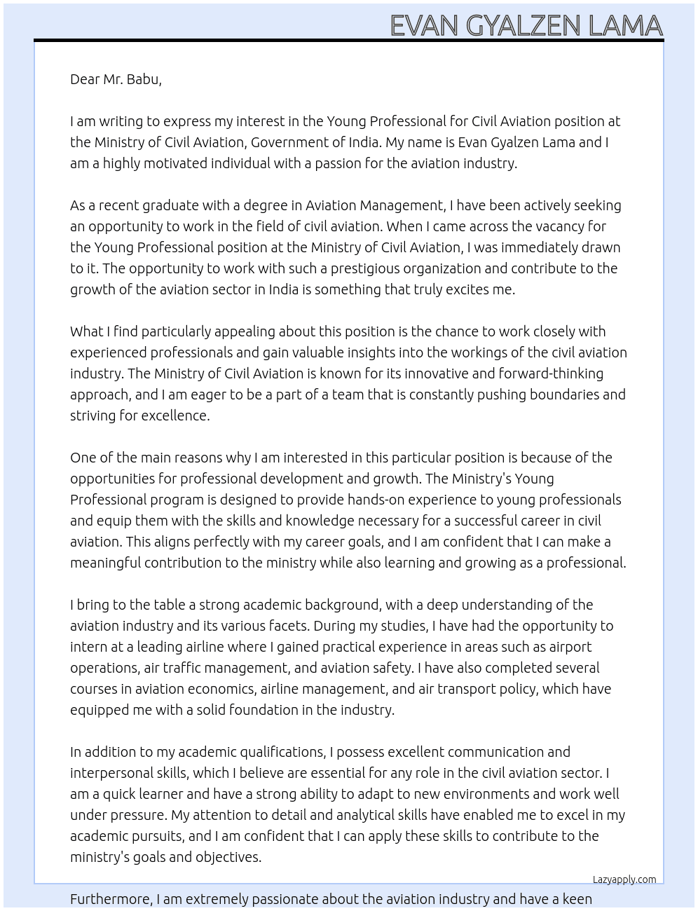 Young Professional for Civil Aviation, Government of India At Ministry of Civil Aviation Cover Letter