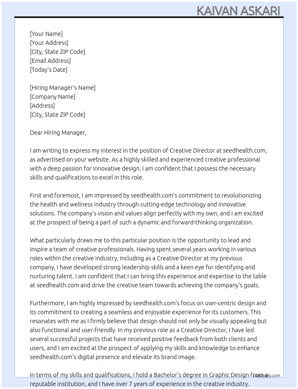 Creative Director At seedhealth.com Cover Letter