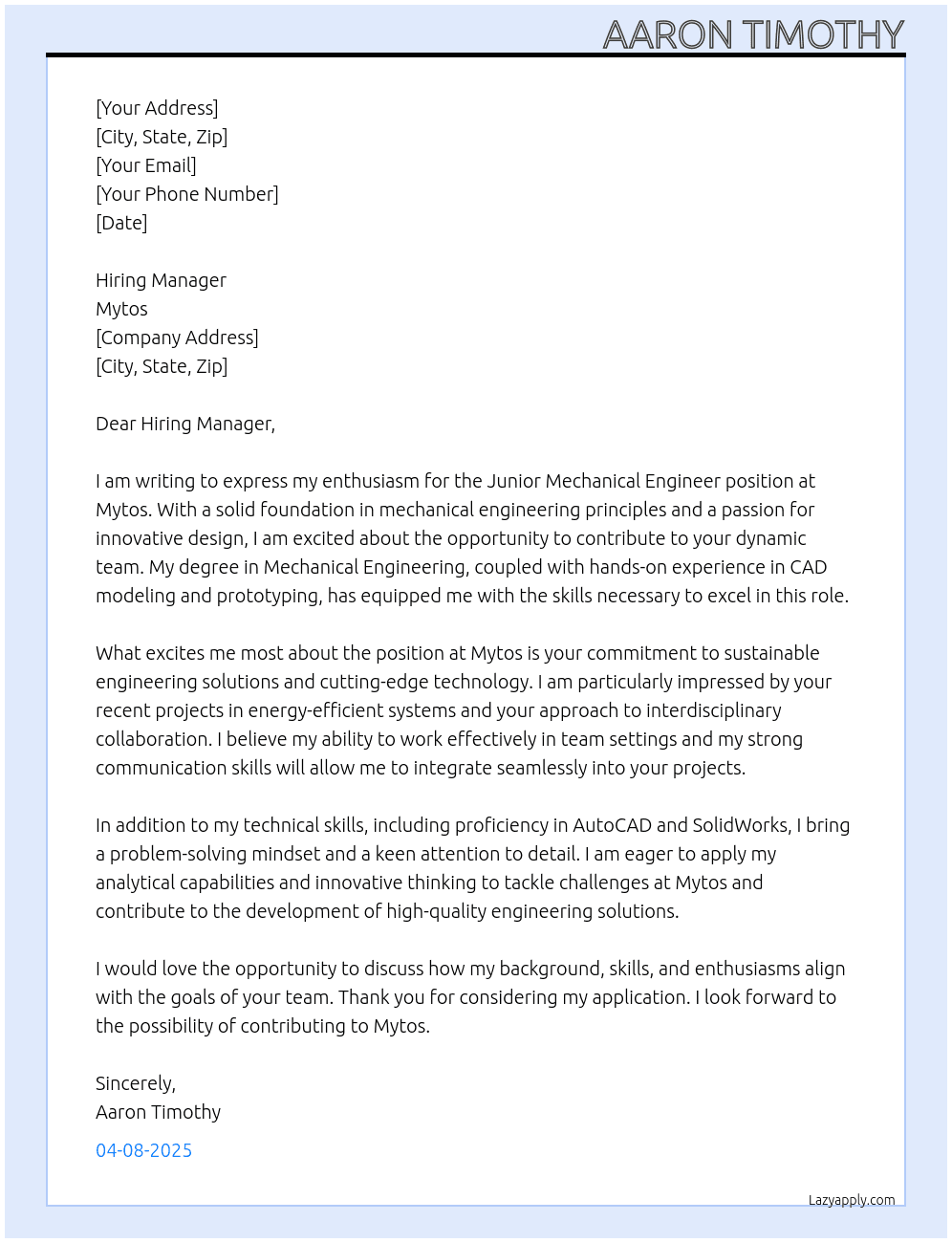 Junior Mechanical Engineer At Mytos  Cover Letter