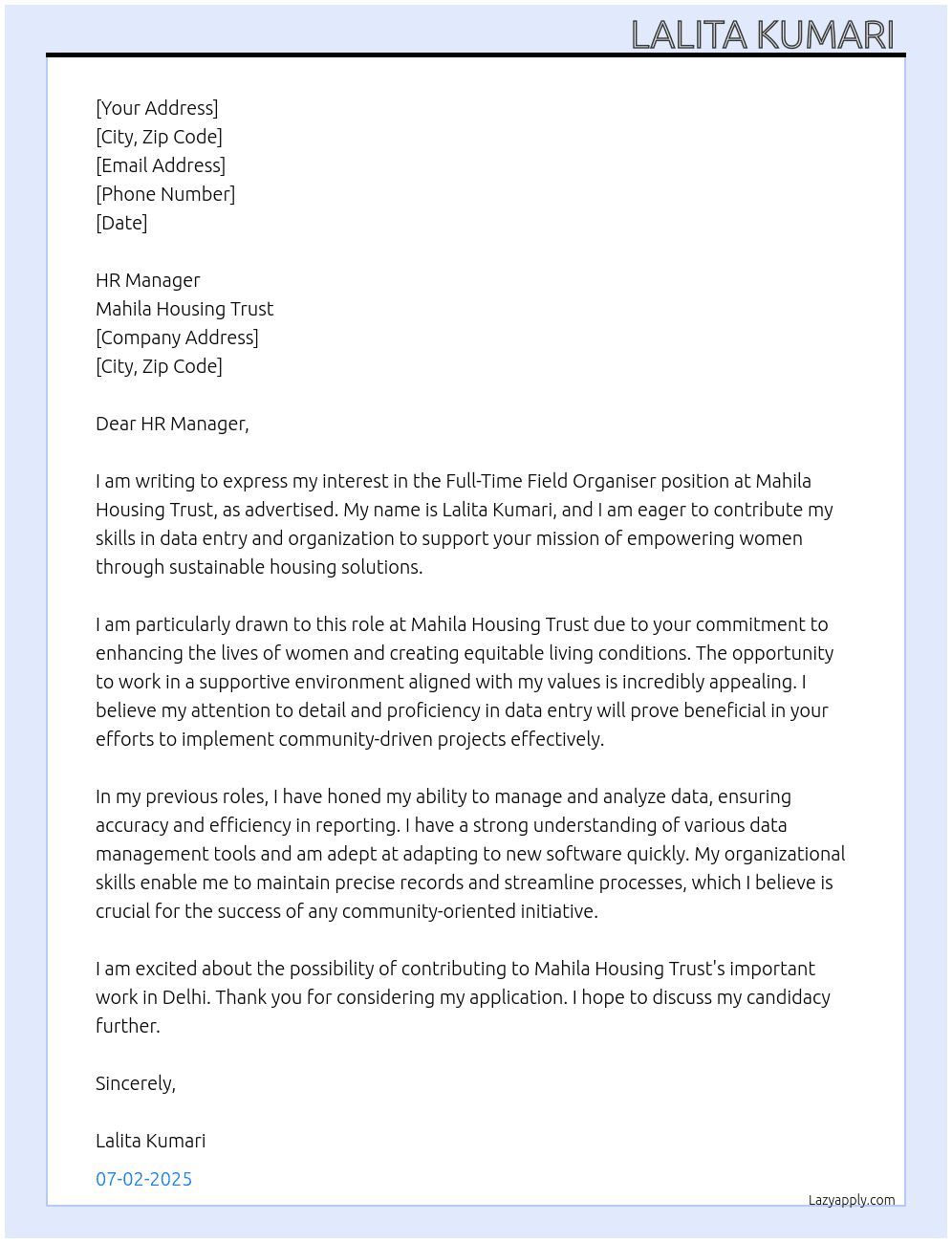 FIELD ORGANISER At MAHILA HOUSING TRUST Cover Letter