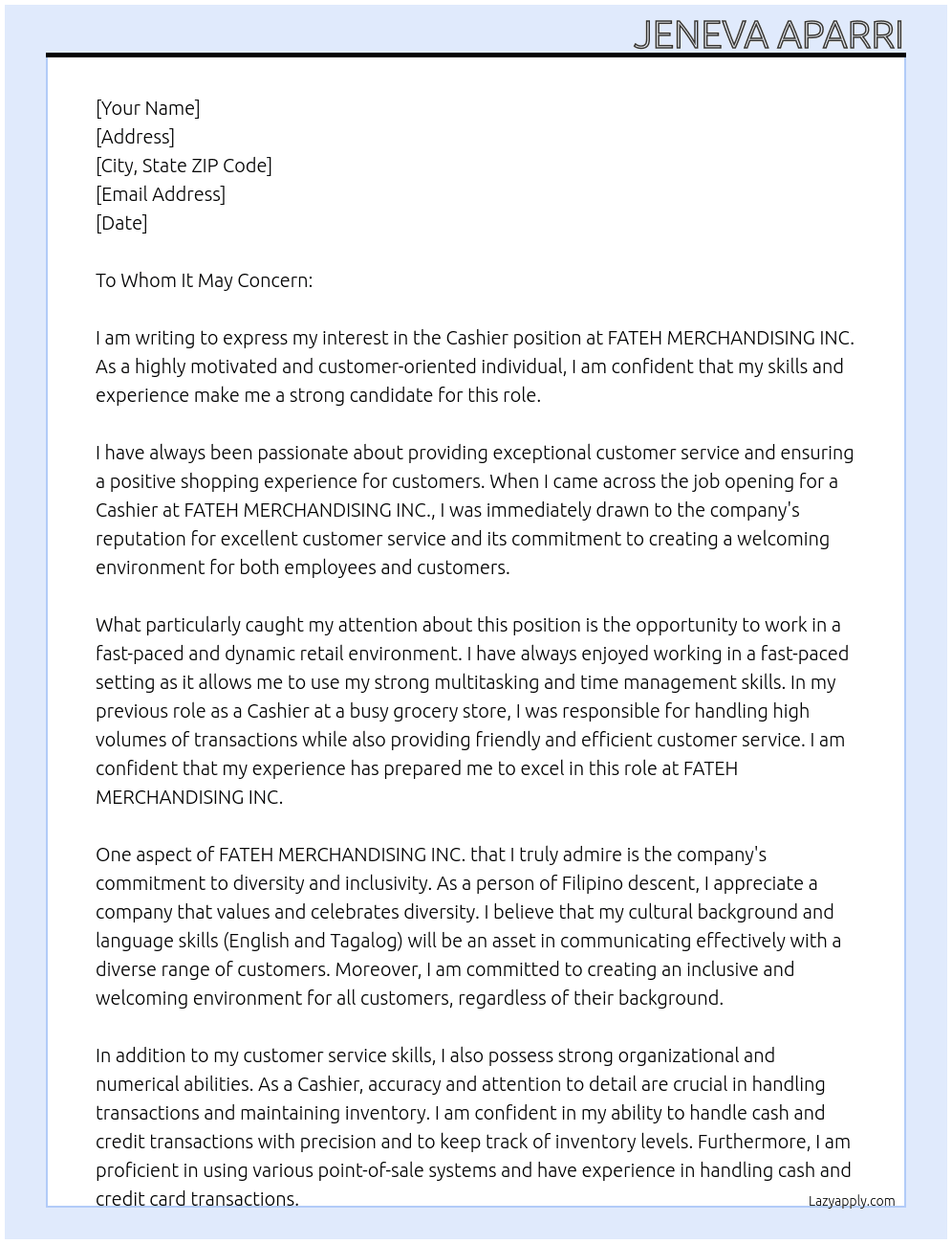 Cashier At FATEH MERCHANDISING INC. Cover Letter
