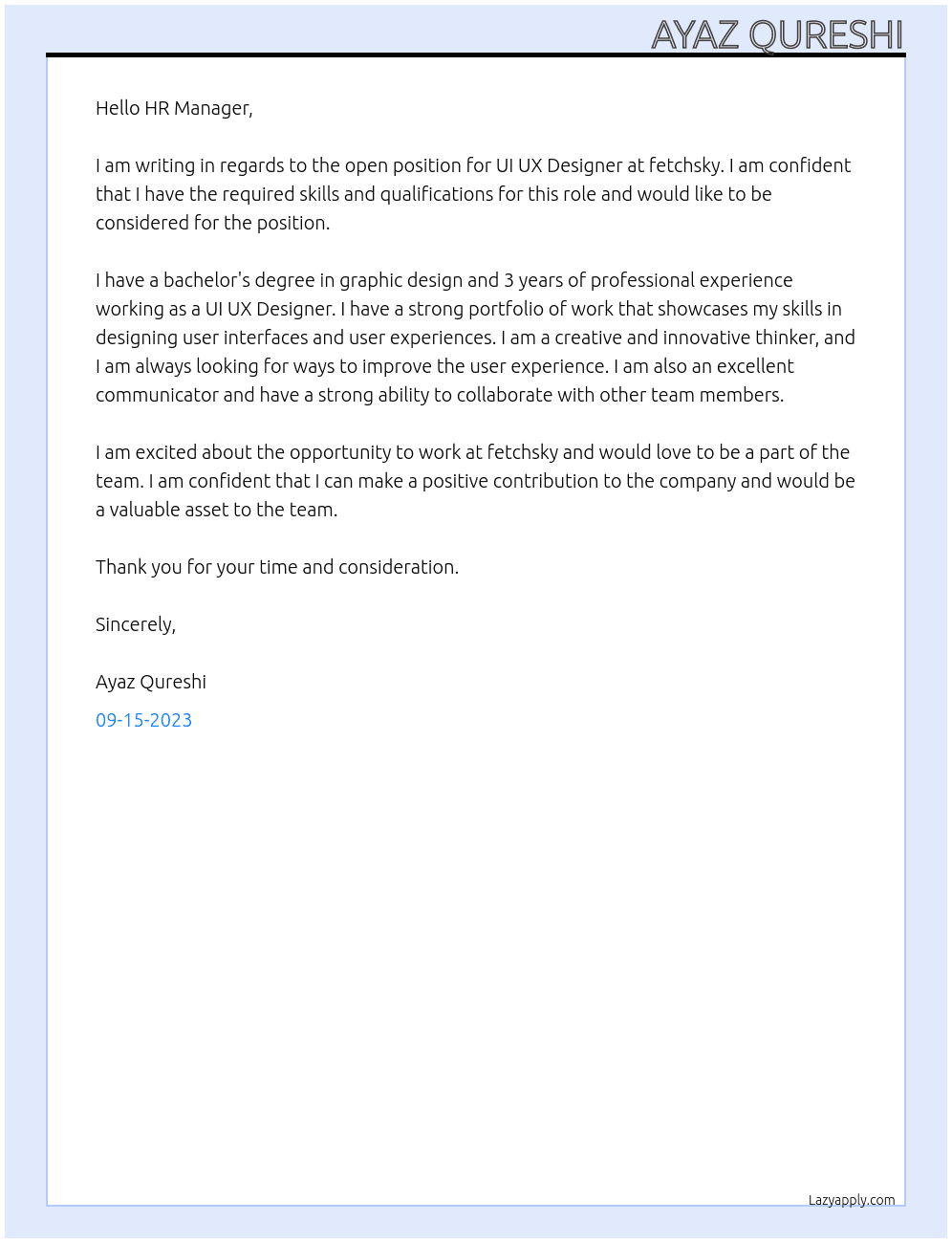 UI UX Designer At fetchsky Cover Letter