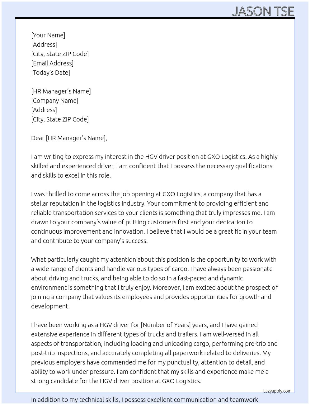 HGV driver At GXO Logistics Cover Letter