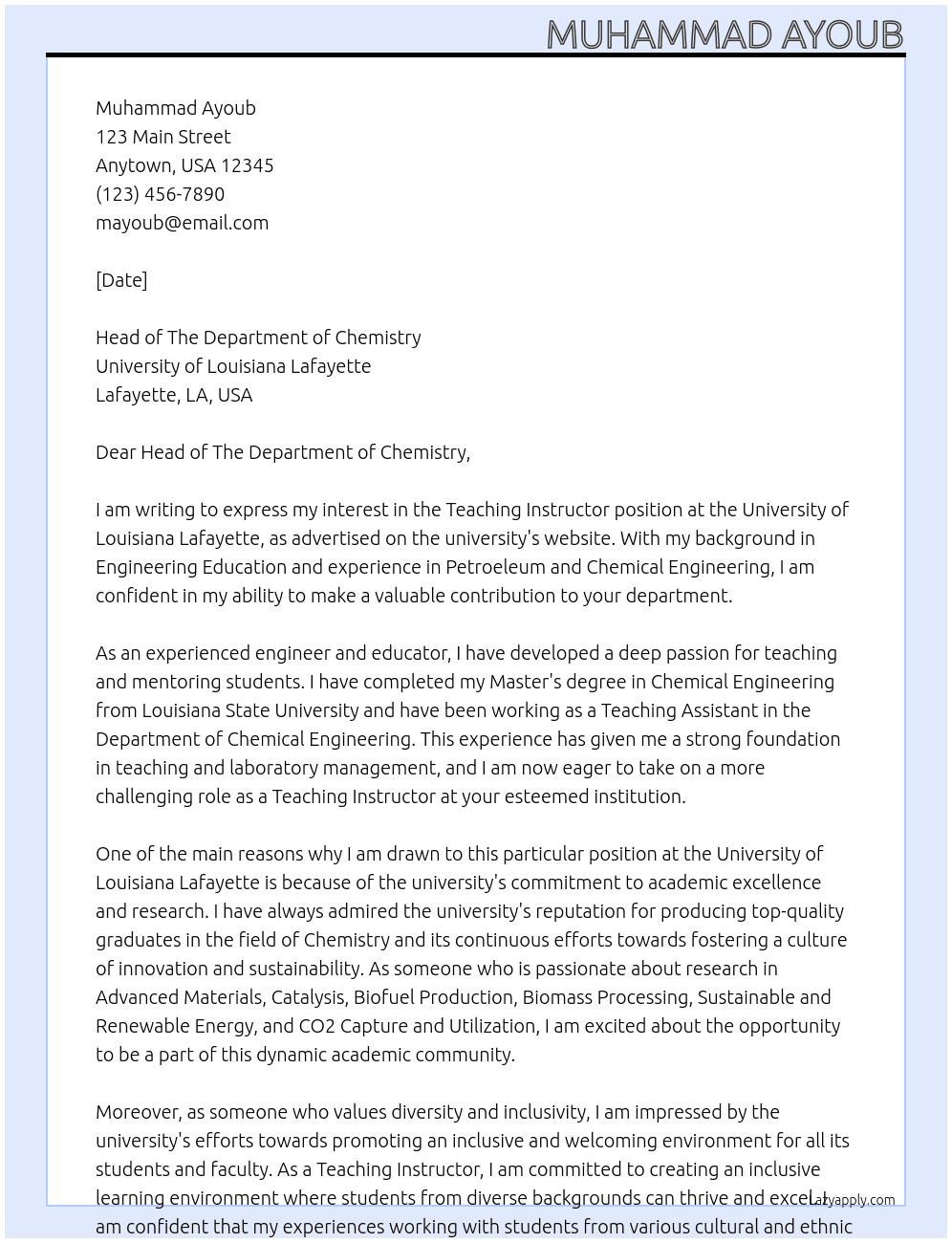 Teaching Instructor At University of Louisiana Lafayette, LA Cover Letter