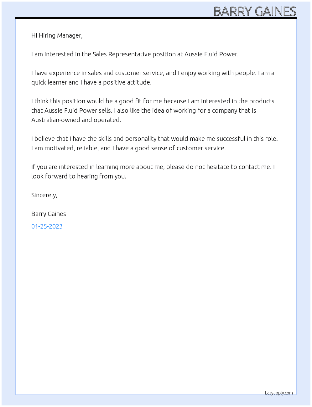 Sales Representative  At Aussie Fluid Power Cover Letter