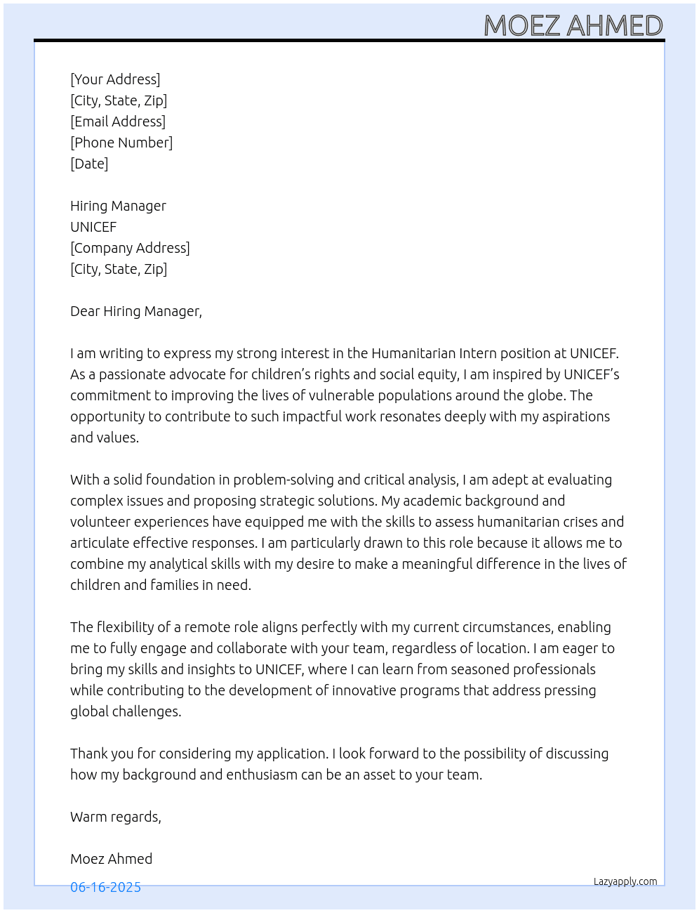 Cover letter for humanitarian intern - LazyApply