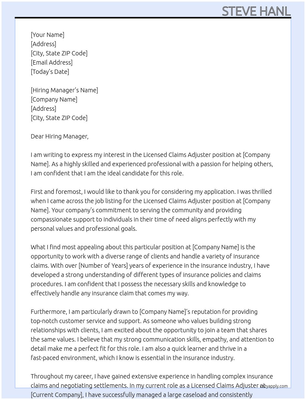 LICENSED CLAIMS ADJUSTER At OPEN POSITION Cover Letter
