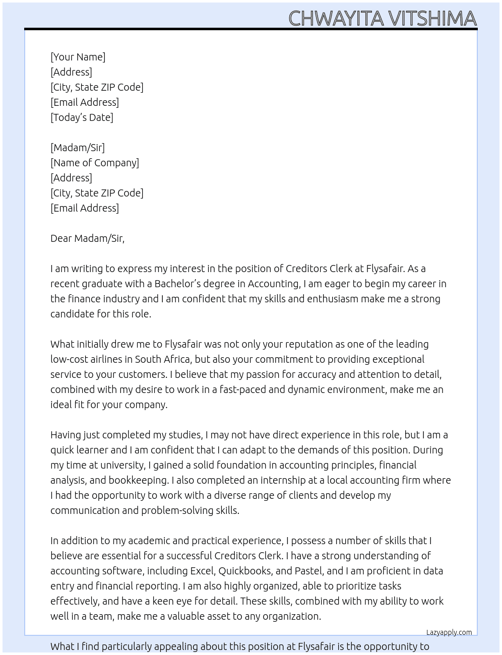 Creditors clerk without experience  At Flysafair Cover Letter
