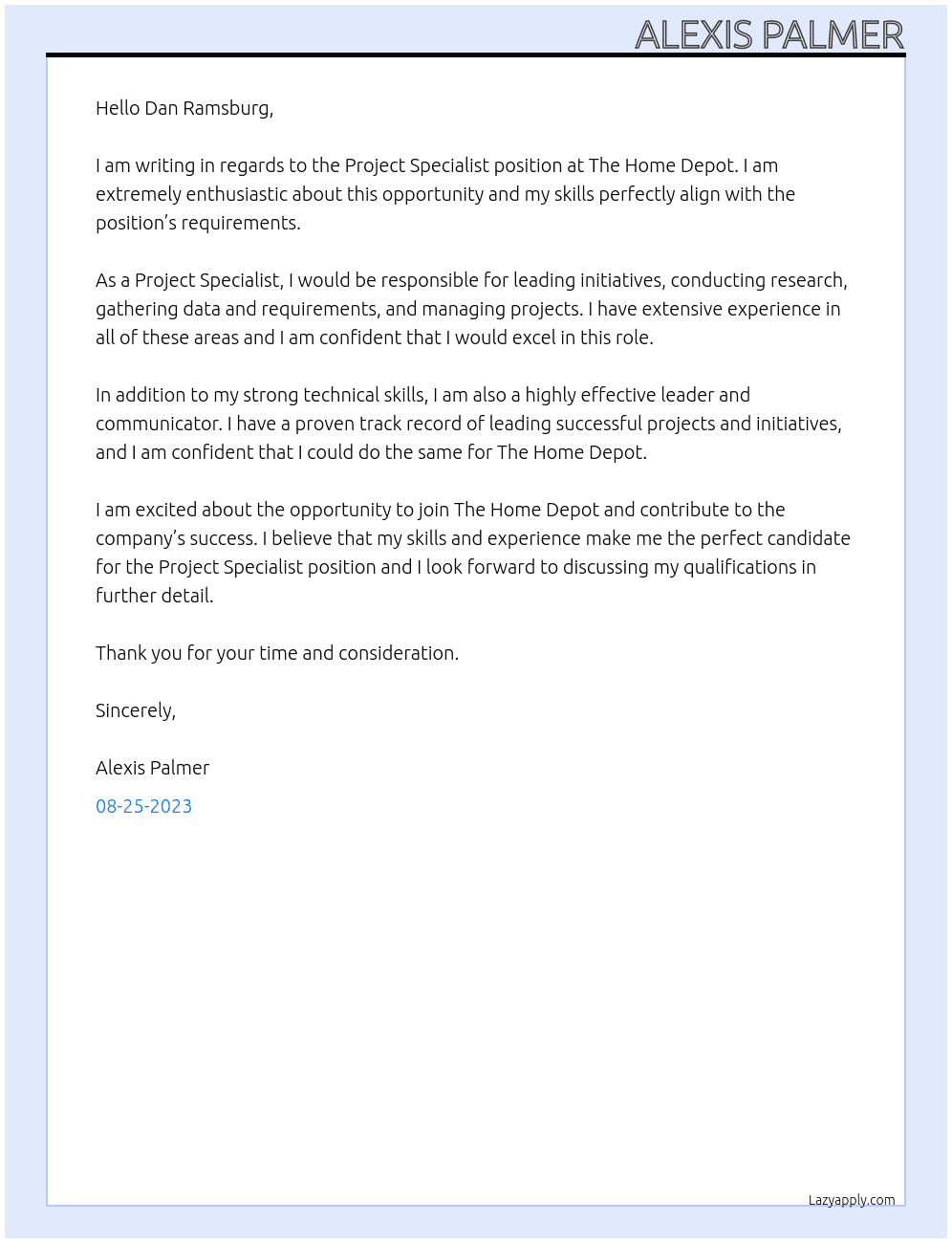 Project Specialist At The Home Depot Cover Letter