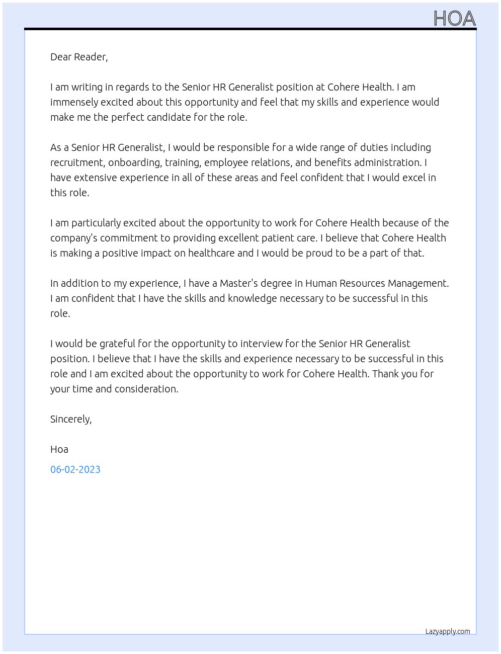 Senior HR Generalist At Cohere Health Cover Letter