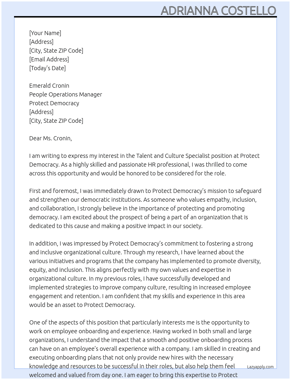 Talent and Culture Specialist  At Protect Democracy Cover Letter