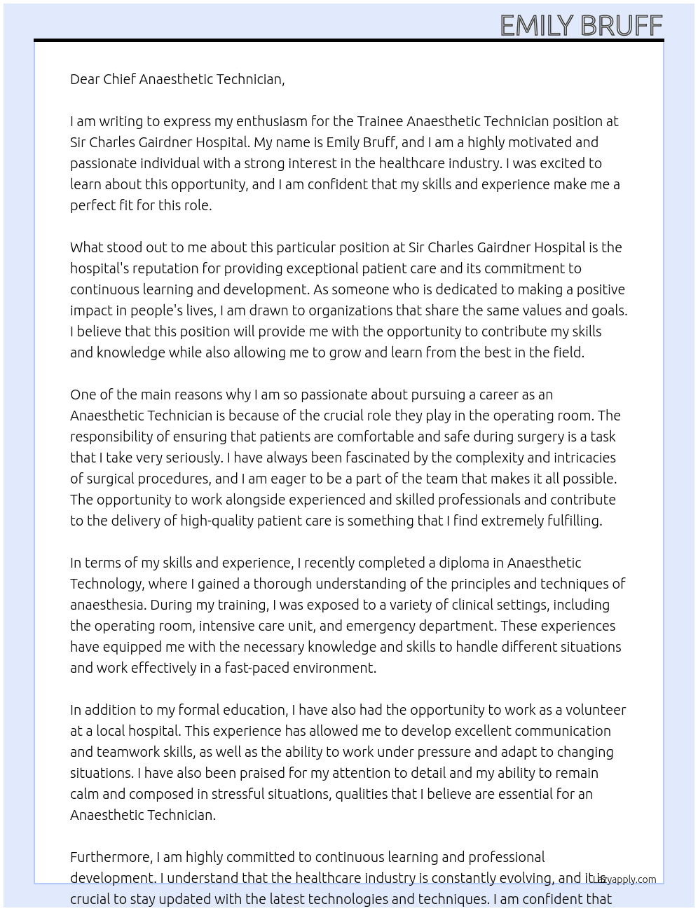 Trainee Anaesthetic Technician At Sir Charles Gairdner Hospital Cover Letter