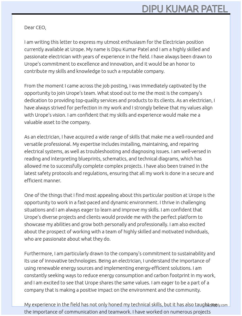 Electrician  At Urope  Cover Letter
