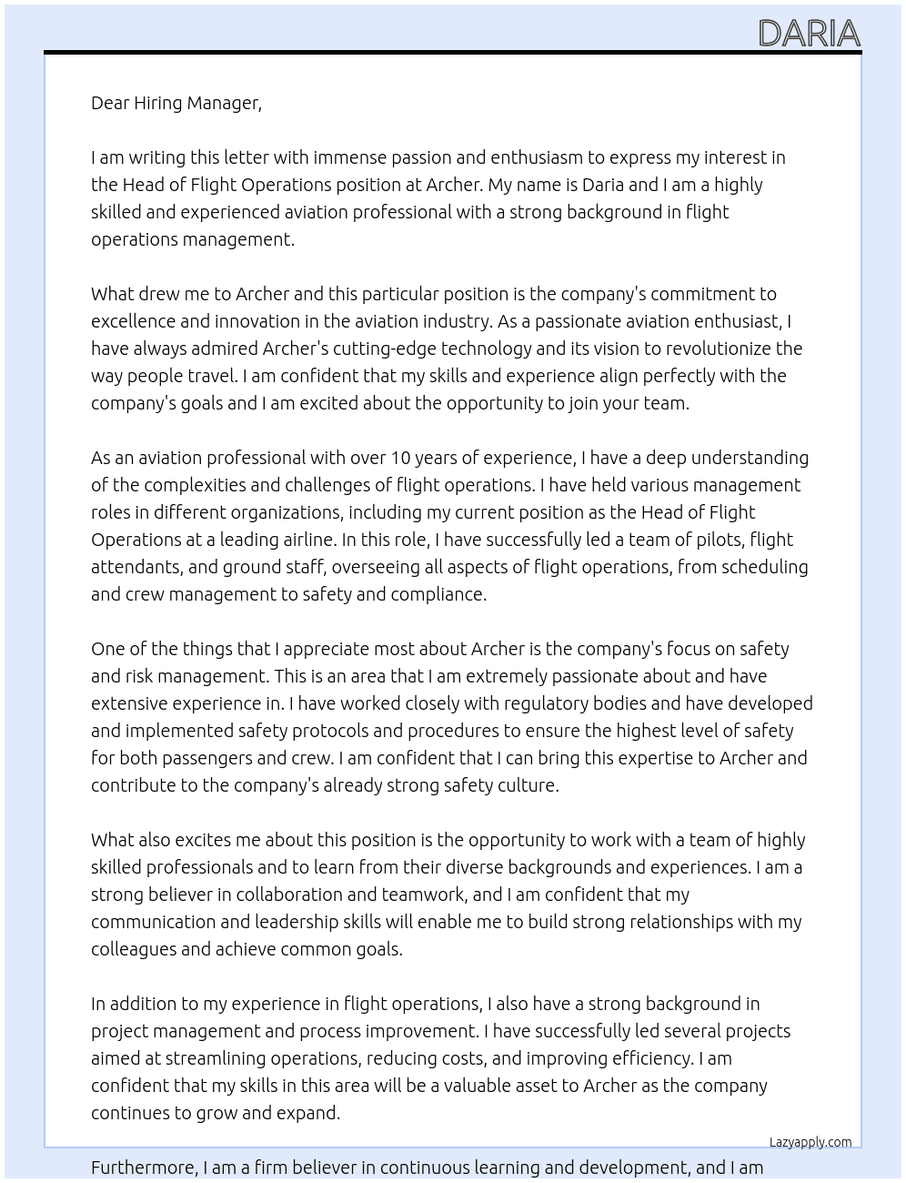 Head of Flight Operations At Archer Cover Letter