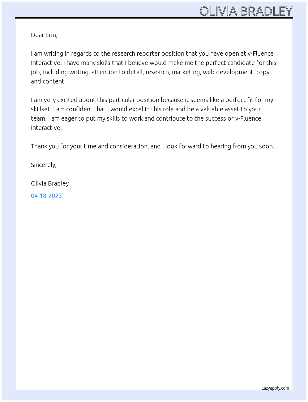 research reporter At v-Fluence Interactive Cover Letter