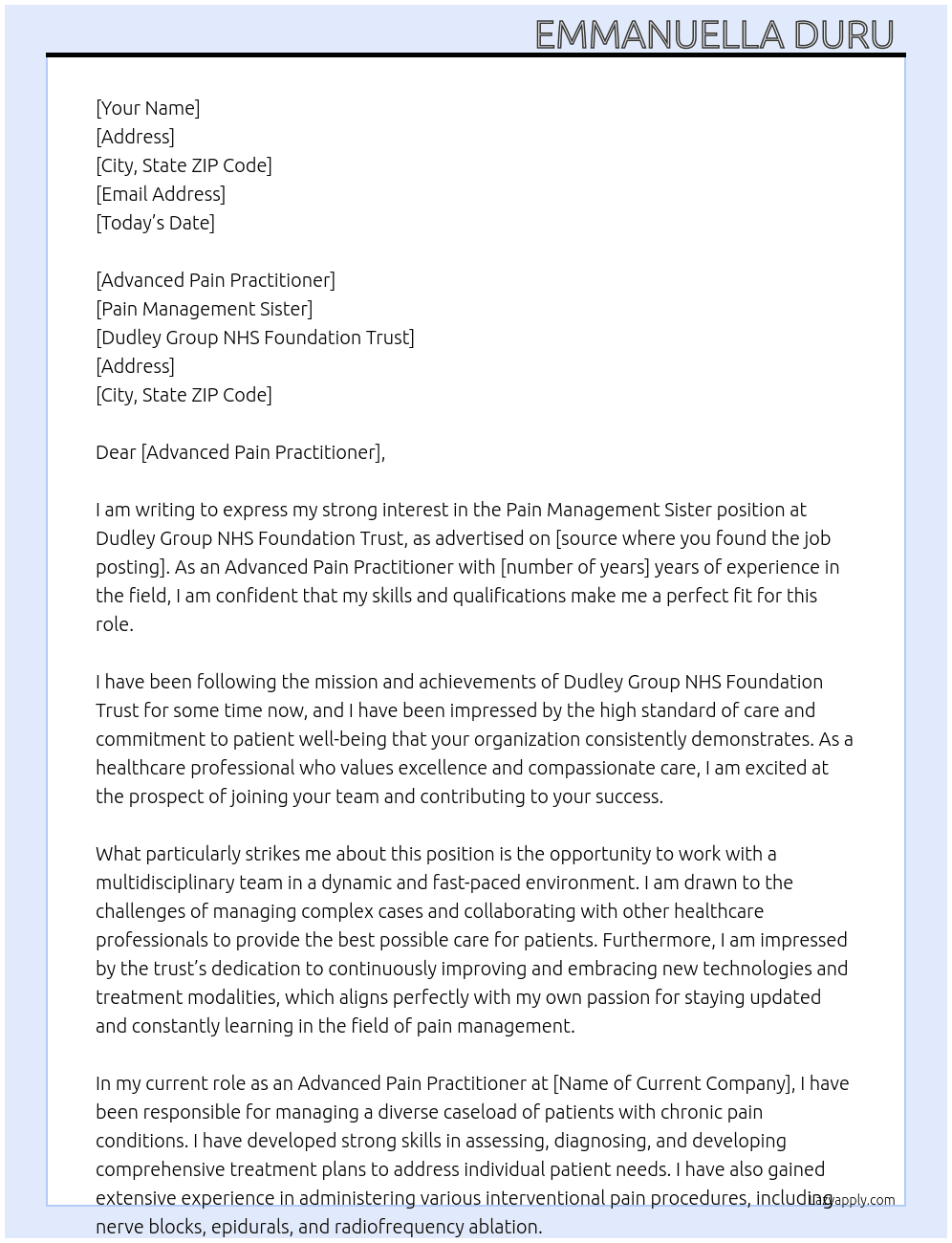 Pain Management Sister At Dudley Group NHS Foundation Trust  Cover Letter
